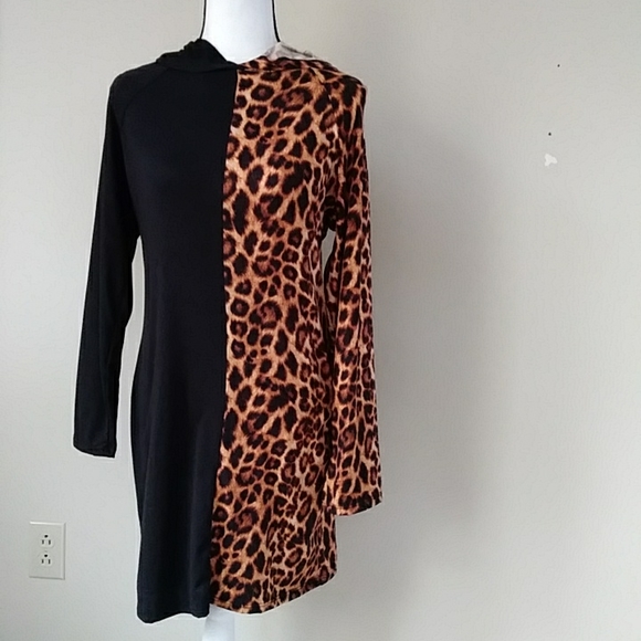 NWOT Arabella Color Block Leopard Print Hooded Dress XL Black Brown - Picture 2 of 16
